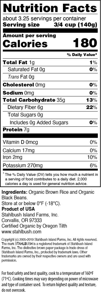 Stahlbush Black Beans and Brown Rice Nutrition