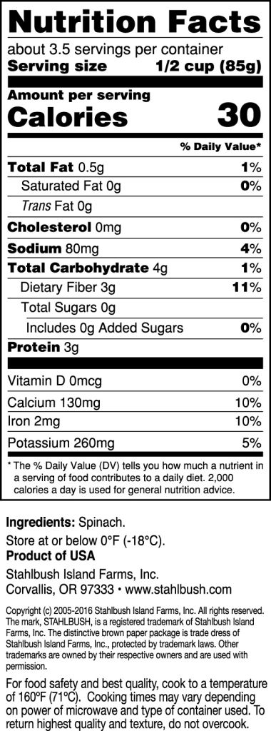 Stahlbush Spinach Nutrition