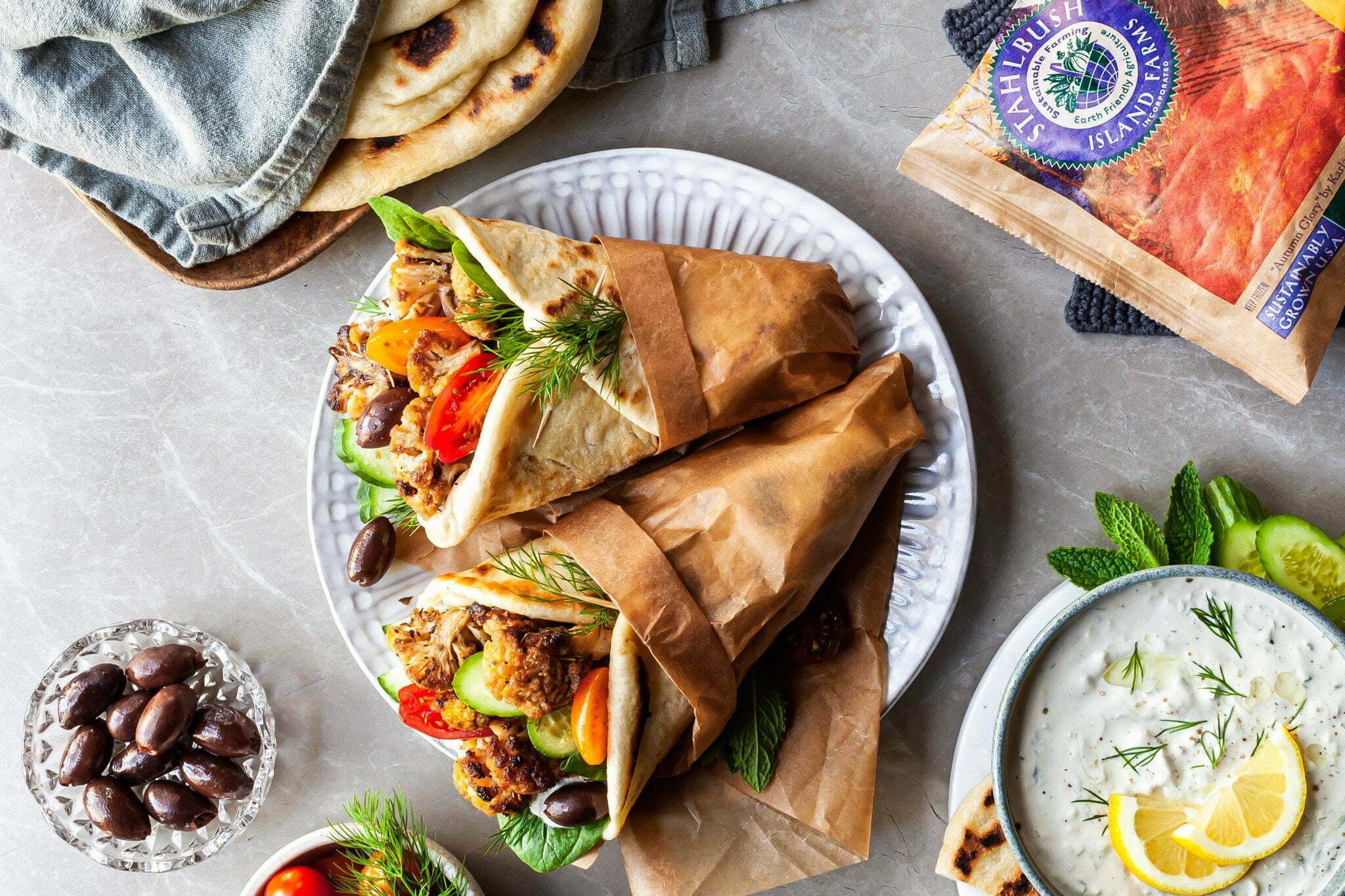 Vegan Cauliflower Gyros Branded by Bronwyn Fraser Cauliflower Gyros