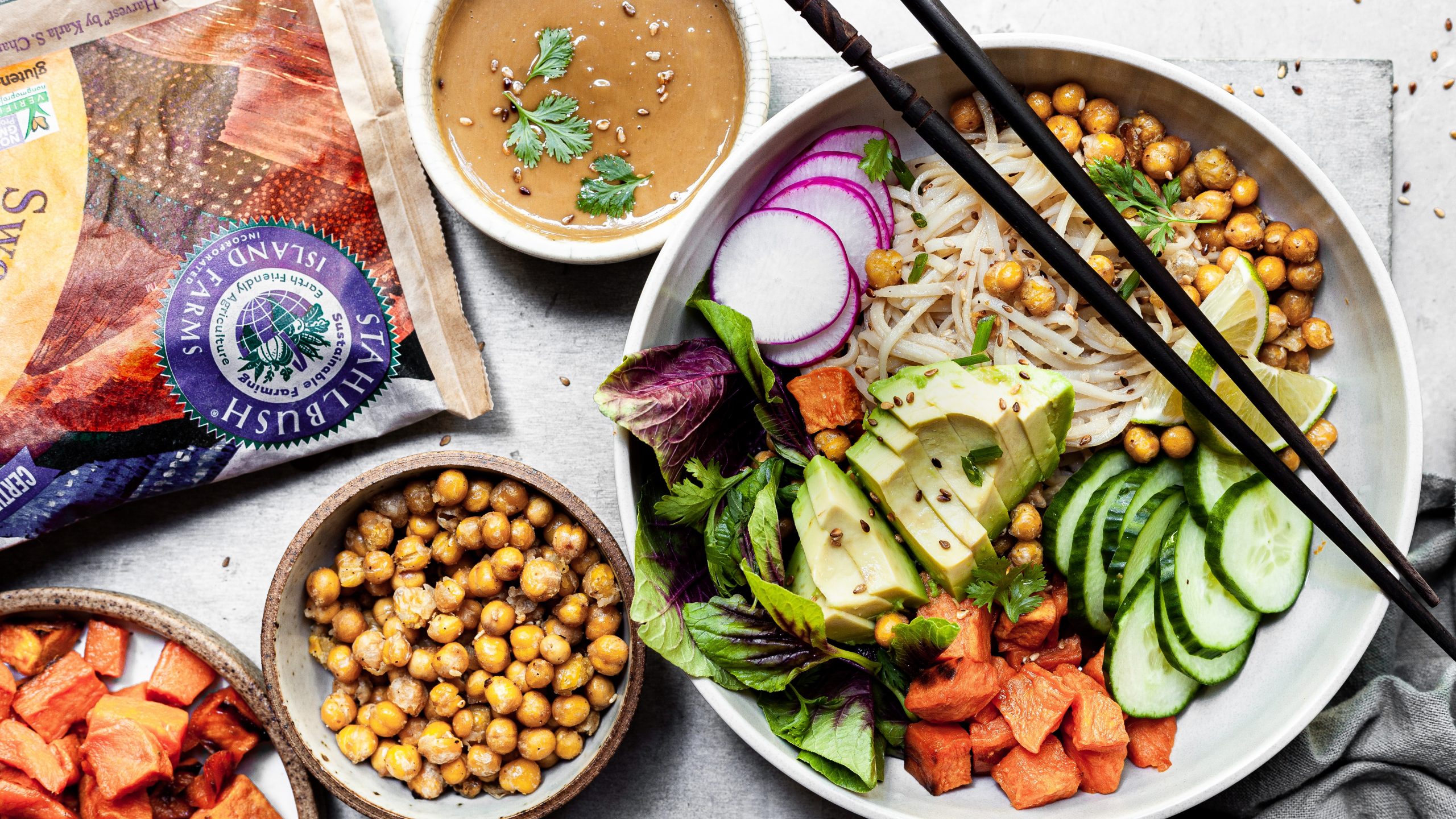 16 x 9 – Branded Hero – Roasted Sweet Potato Chickpea Noodle Bowls With Sesame Ginger Sauce – by Bronwyn Fraser Sweet Potato Chickpea Bowls