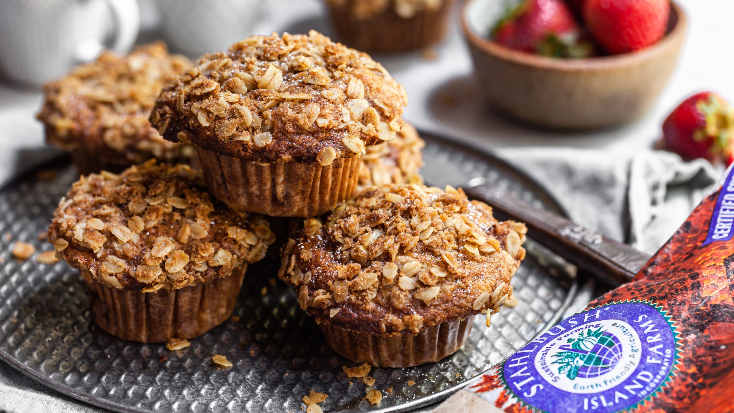 16 x 9 Crop – Branded Vegan Roasted Strawberry Muffins with Oat Streusel by Bronwyn Fraser (1) Roasted Strawberry Muffins