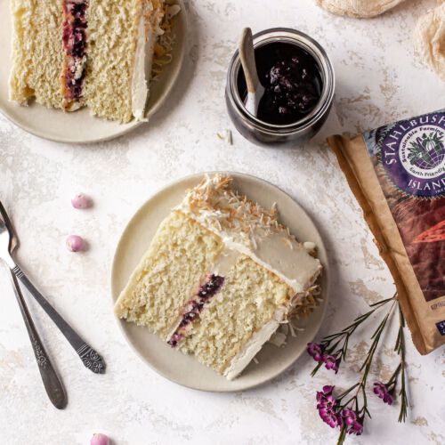 Marionberry Compote Coconut Cake