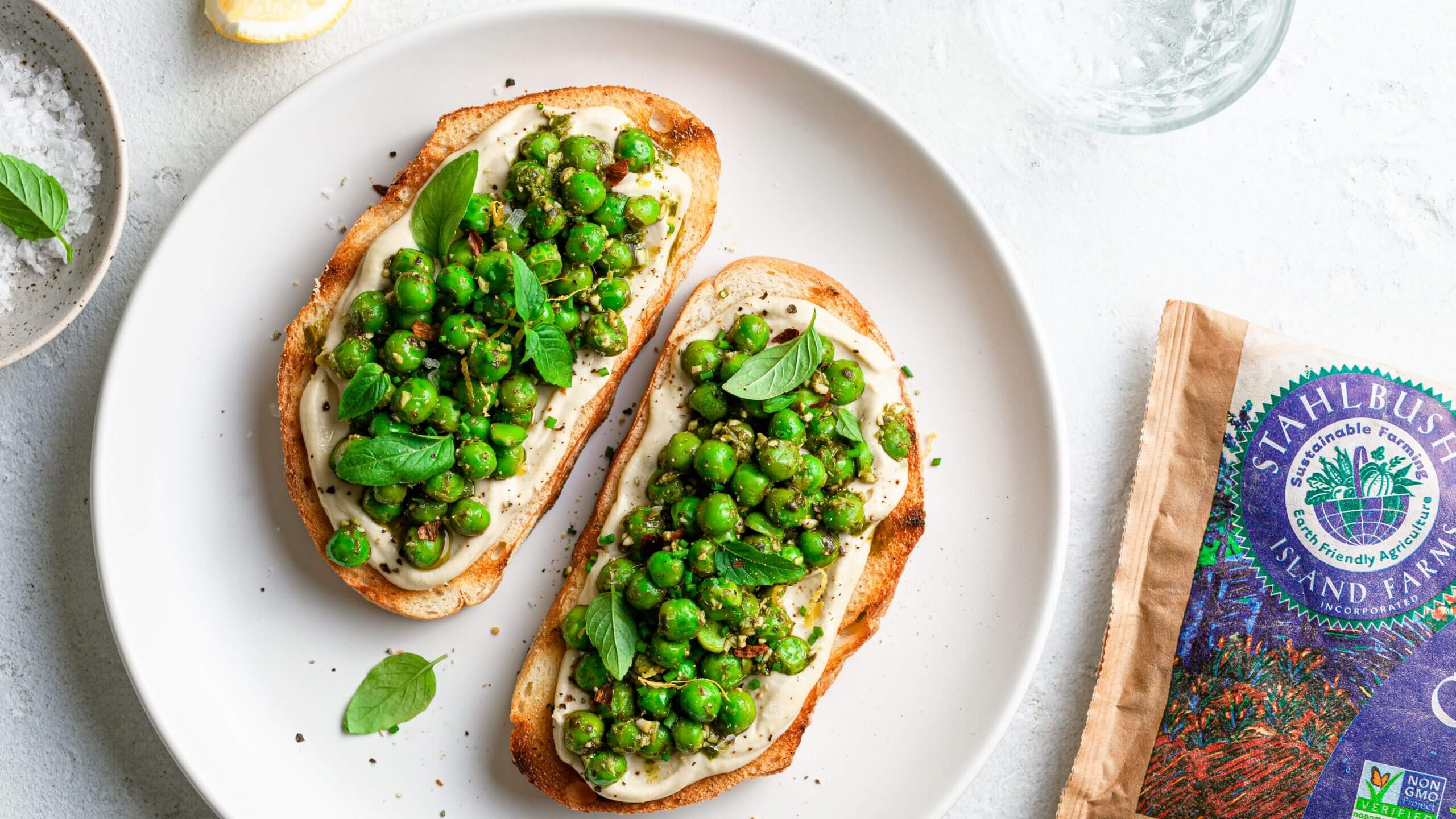 Pesto Pea & Cashew Ricotta Toasts Stahlbush Frozen Green Peas Pea & Cashew Ricotta Toast
