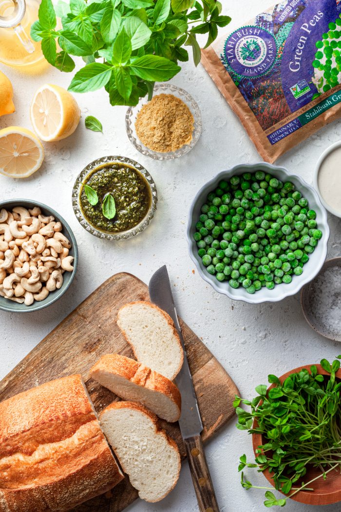 Pesto Pea & Cashew Ricotta Toasts Recipe Stahlbush Frozen Green Peas