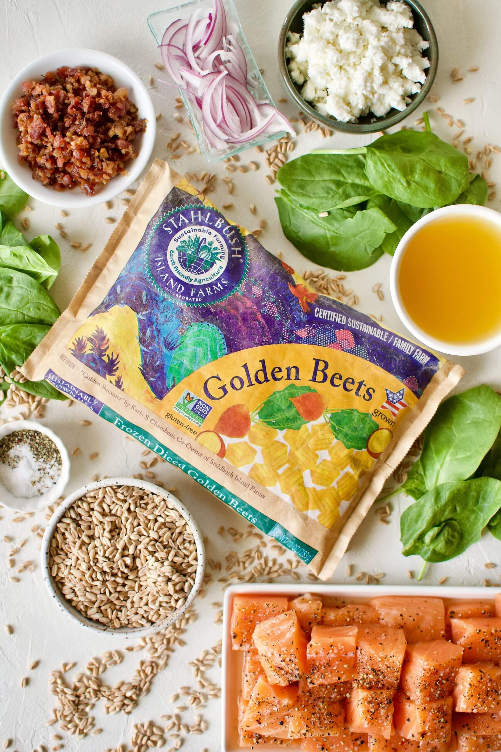Golden Beet and Farro Salad with Spinach and Bacon Stahlbush Island Farms Frozen Golden Beets