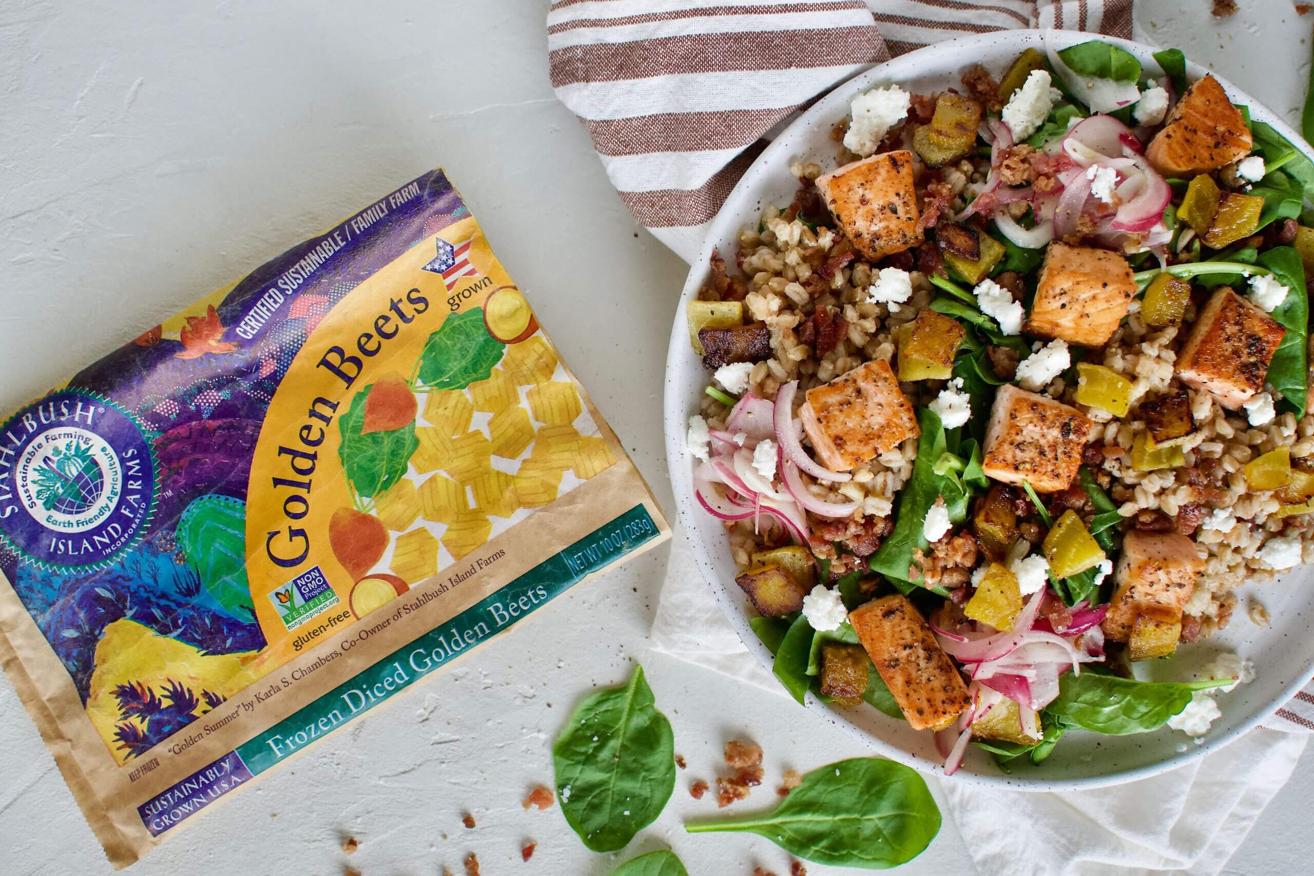 Golden Beet and Farro Salad with Spinach and Bacon Stahlbush Island Farms Frozen Golden Beets Golden Beet Farro Salad