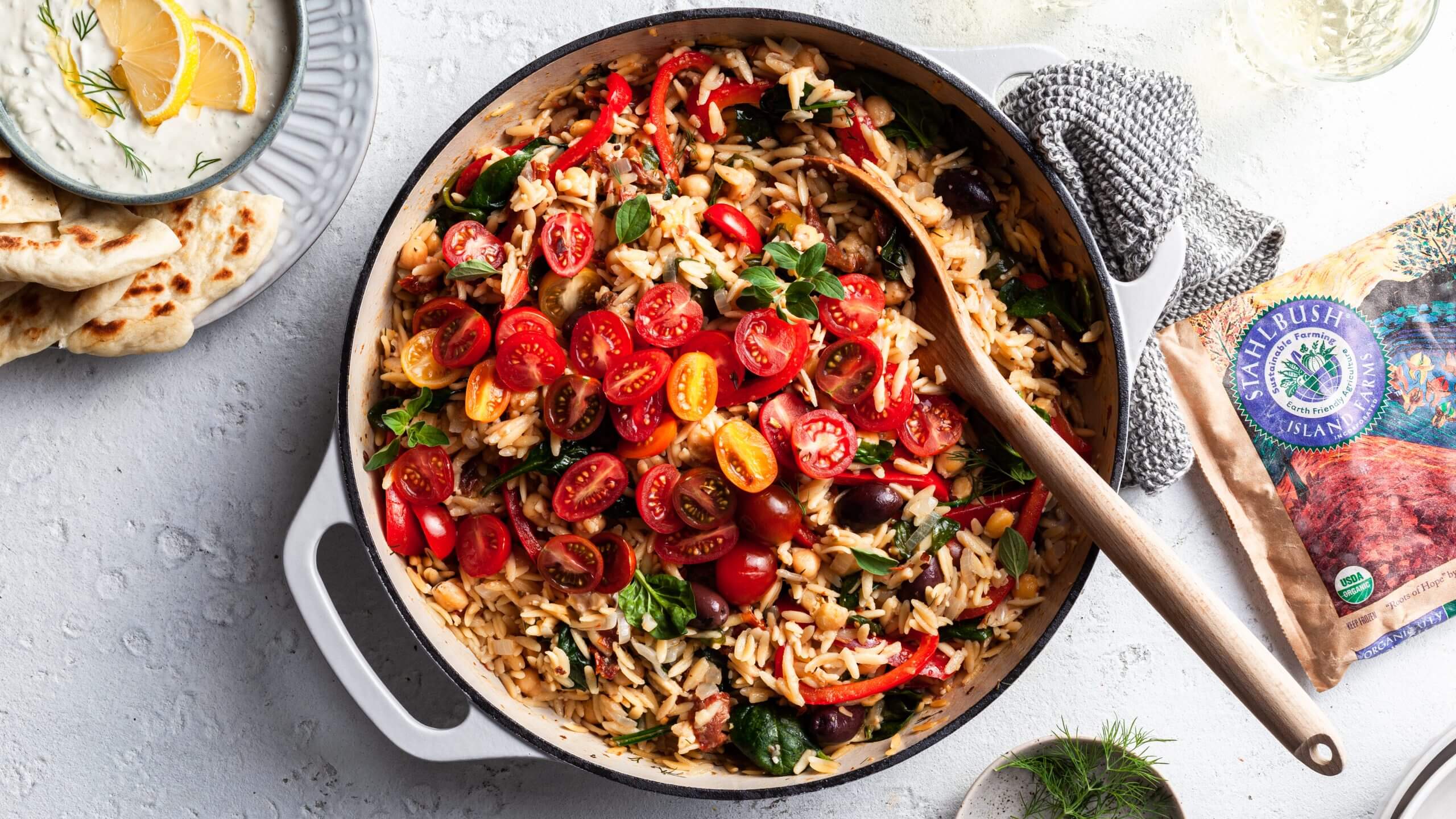 One-Skillet Greek Orzo and Chickpeas Stahlbush Island Farms Frozen Chickpeas Greek Orzo Chickpea Skillet