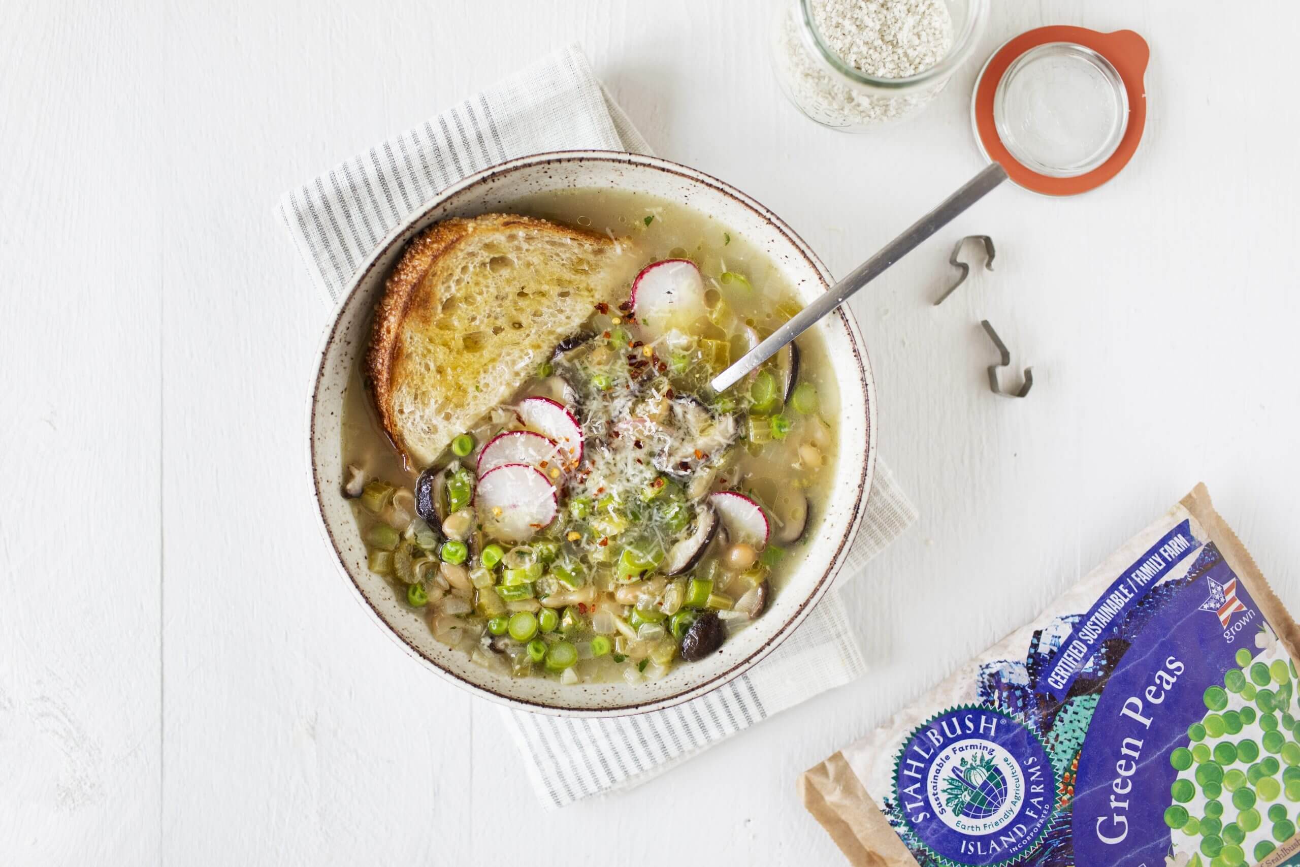 Spring Pea and White Bean Stew Stahlbush Island Farms Frozen Green Peas Spring Vegetable White Bean Soup