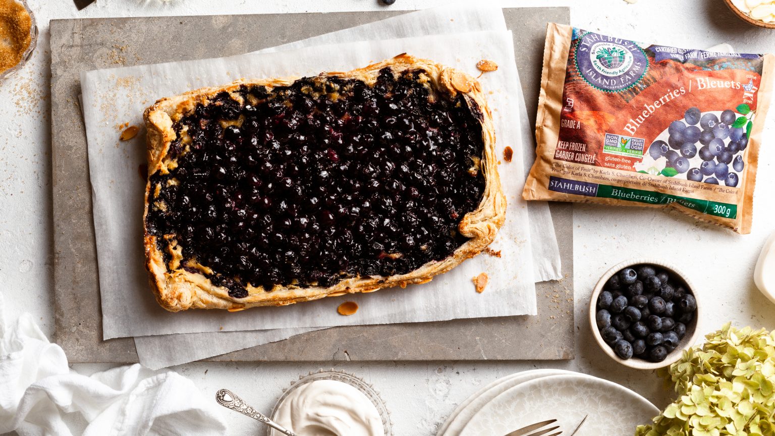 16 x 9 Branded Blueberry Almond Tart Fresh from Oven Blueberry Almond Tart