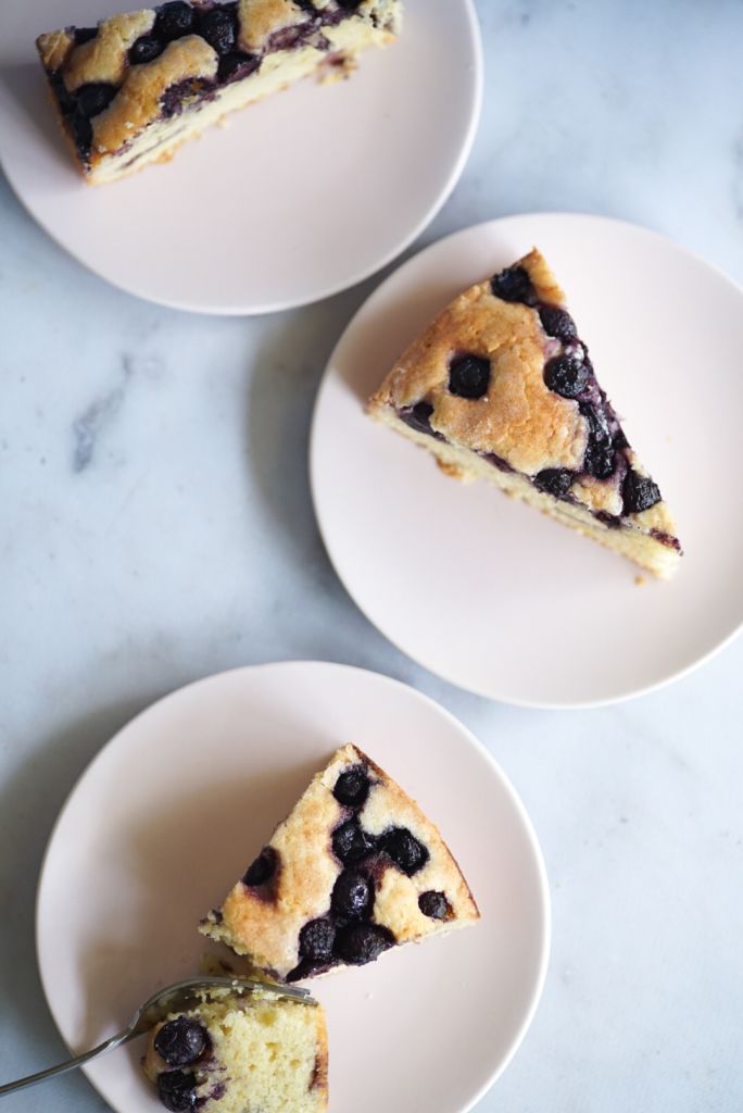 Slices of blueberry kuchen (cake) made with Stahlbush Island Farms blueberries