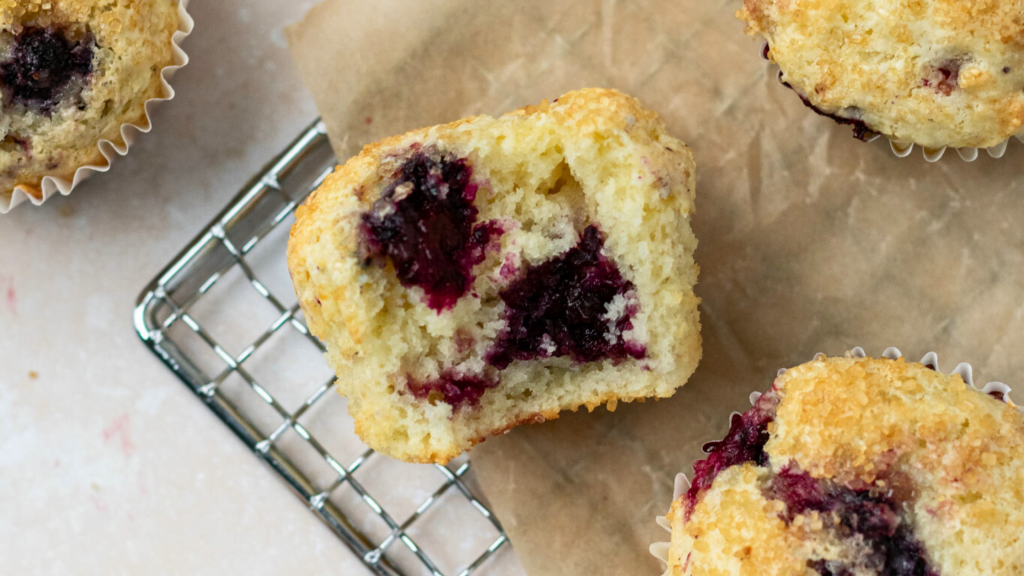macro shot of marionberry muffins made with Stahlbush Island Farms Marion Blackberries