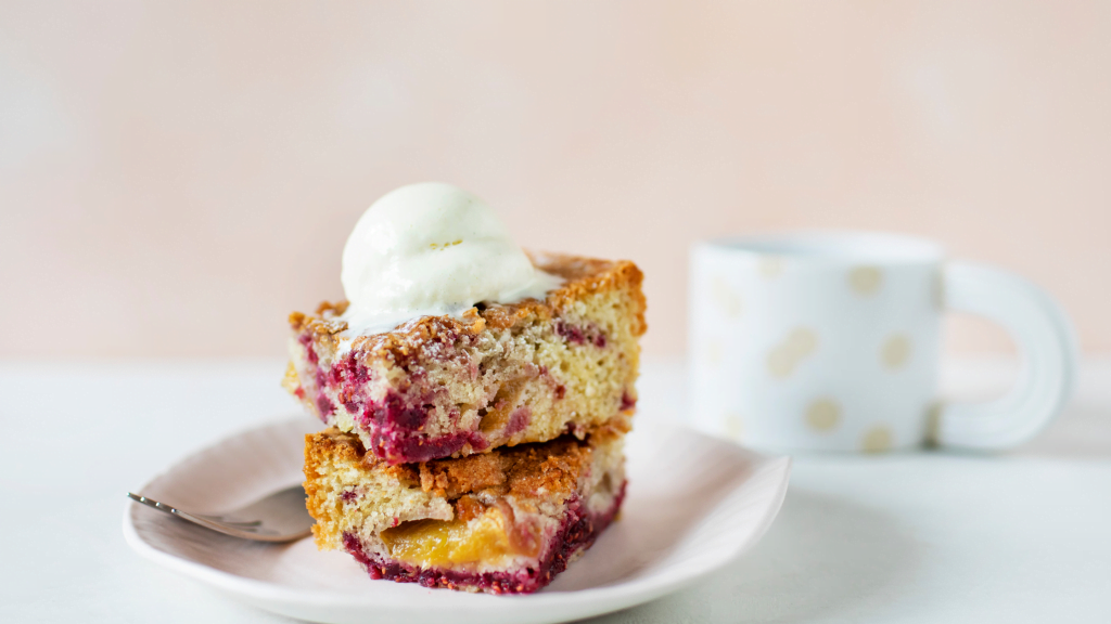Raspberry peach snack cake made with Stahlbush Island Farms Red Raspberries