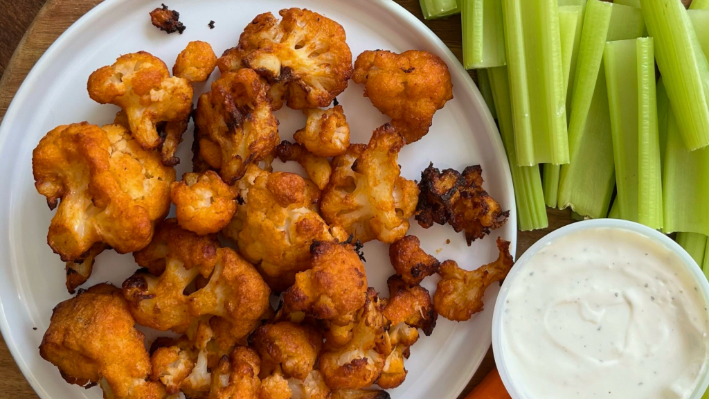 air-fryer buffalo cauliflower made with Stahlbush Island Farms frozen cauliflower