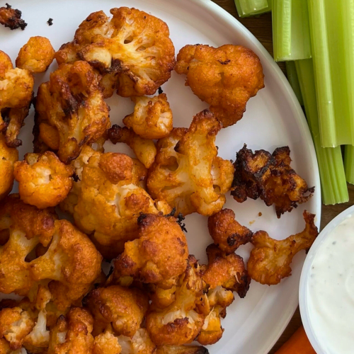 air-fryer buffalo cauliflower made with Stahlbush Island Farms frozen cauliflower
