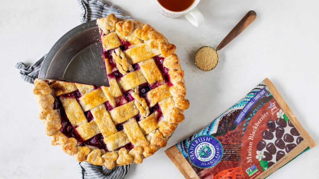 Rhubarb marionberry pie made with Stahlbush Island Farms Marion Blackberries