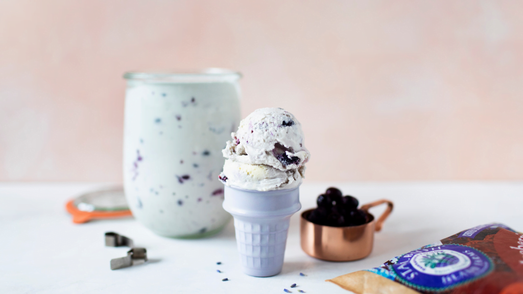 Roasted blueberry lavender ice cream made with Stahlbush Island Farms Frozen Blueberries