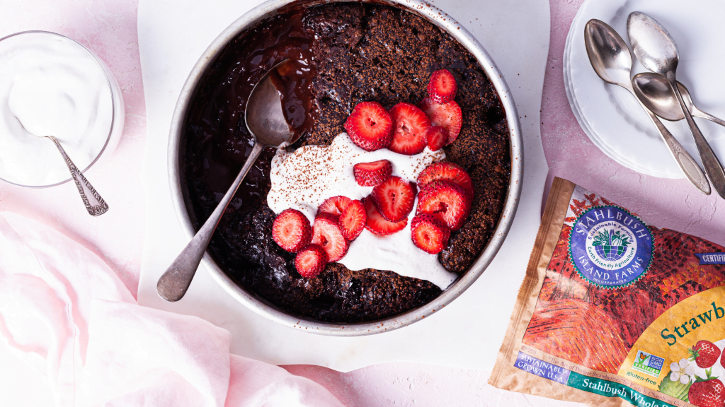 Chocolate strawberry cake made with Stahlbush Island Farms frozen strawberries 