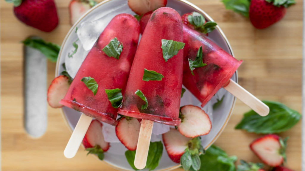 Frozen strawberry lemon pops made with Stahlbush Island Farms frozen strawberries
