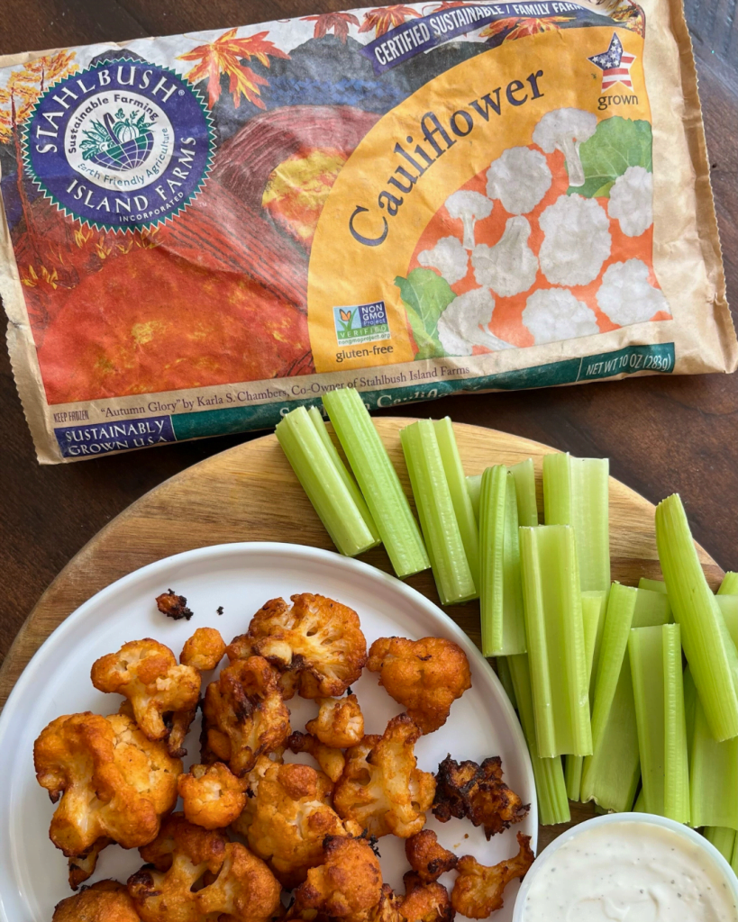 air-fryer buffalo cauliflower made with Stahlbush Island Farms frozen cauliflower