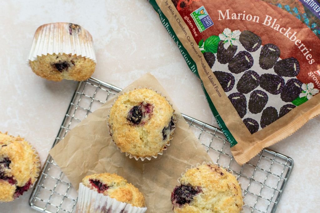 marionberry muffins made with Stahlbush Island Farms Marion Blackberries