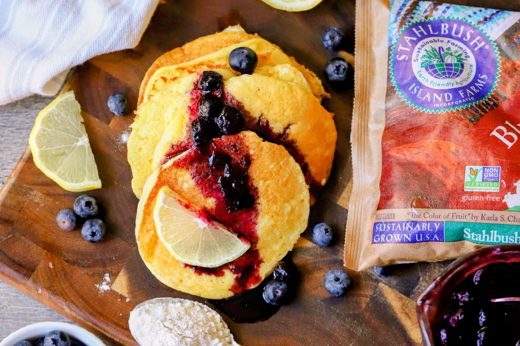 lemon ricotta pancakes with a blueberry compote made with Stahlbush Island Farms blueberries