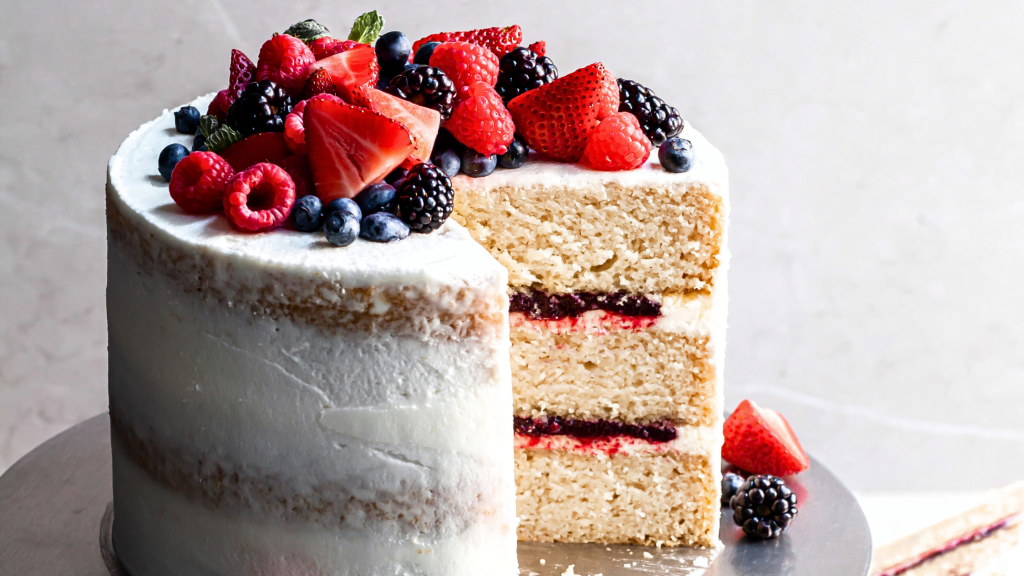 Northwest Berry Layer Cake with mixed berries from Stahlbush Island Farms