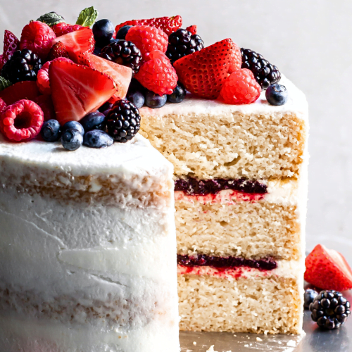 Northwest Berry Layer Cake with mixed berries from Stahlbush Island Farms