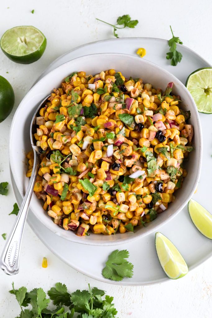 a bowl of elote corn salad made with Stahlbush Island Farms frozen Super Sweet Corn and Crazy Corn
