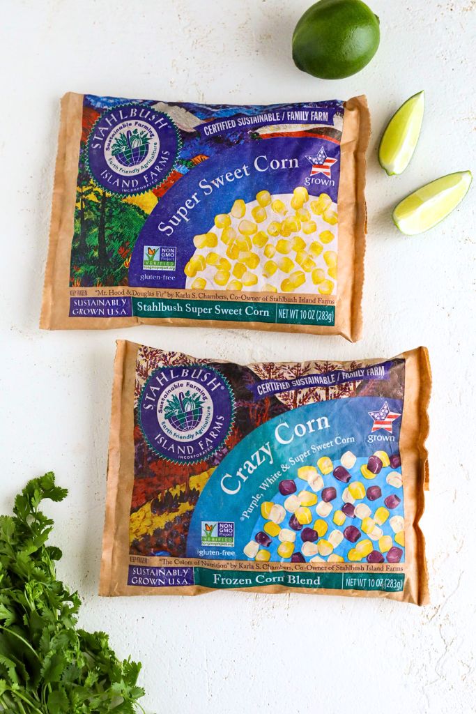 bags of Stahlbush Island Farms frozen Super Sweet Corn and Crazy Corn
