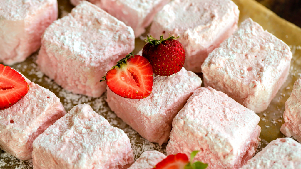 close up of strawberry marshmallows made with Stahlbush Island Farms frozen strawberries
