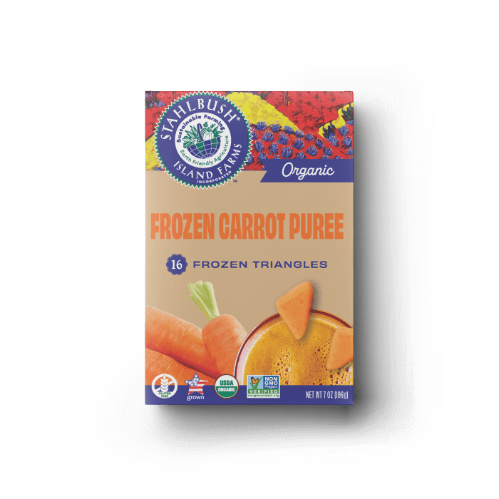 a mockup of a frozen puree box of carrot puree