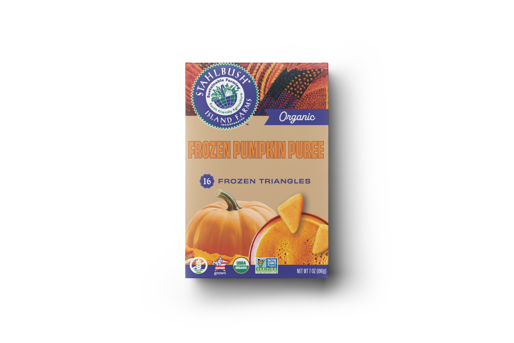 a mockup of a frozen puree box of pumpkin puree