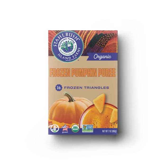 a mockup of a frozen puree box of pumpkin puree