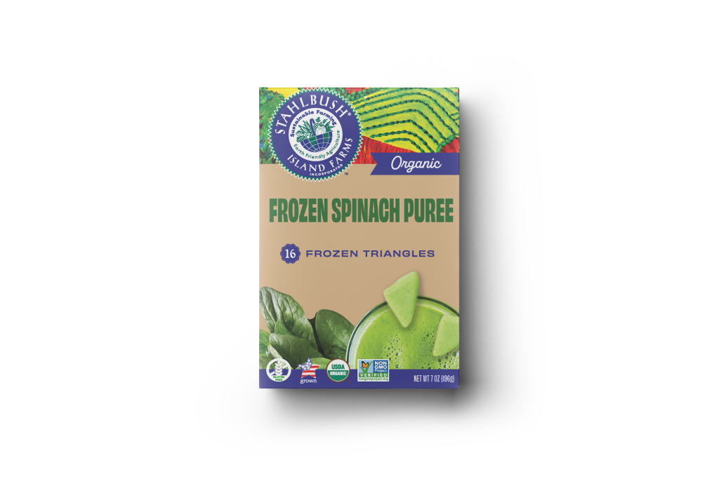 a mockup of a frozen puree box of spinach puree