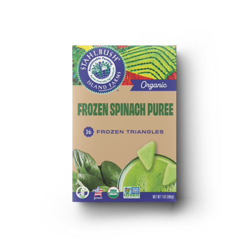 a mockup of a frozen puree box of spinach puree