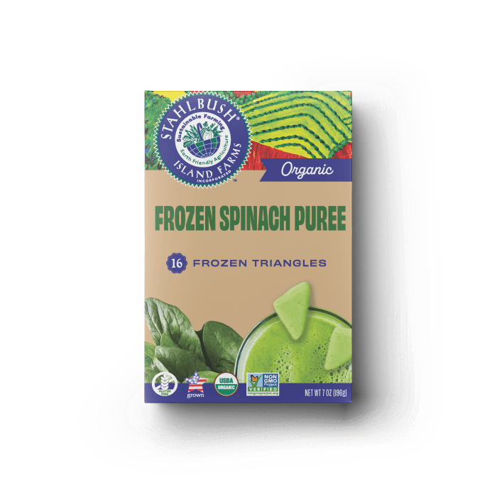 a mockup of a frozen puree box of spinach puree