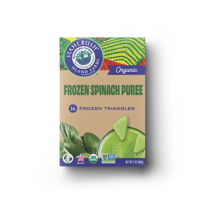 a mockup of a frozen puree box of spinach puree