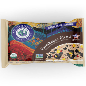 a freezer bag mockup of a blend of vegetables, grains, and legumes