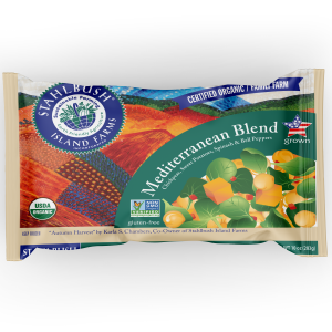 mockup of organic Mediterranean blend frozen veggie packaging