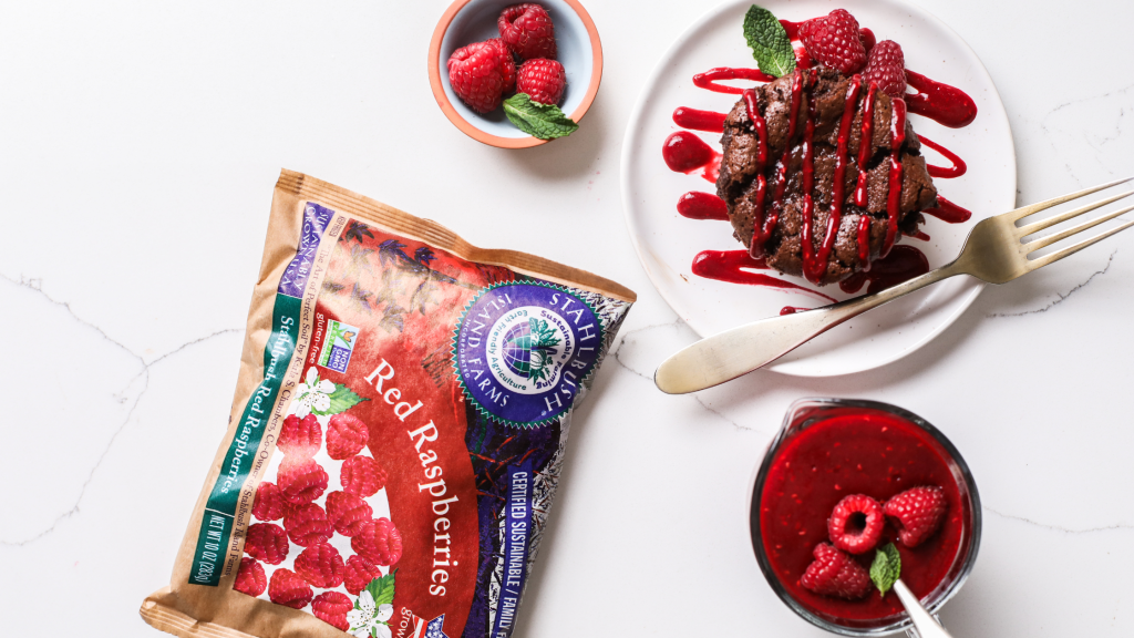 a photo with a bag of Stahlbush Island Farms frozen raspberries and a chocolate souffle