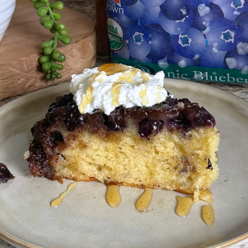 a slide of blueberry upside down cake