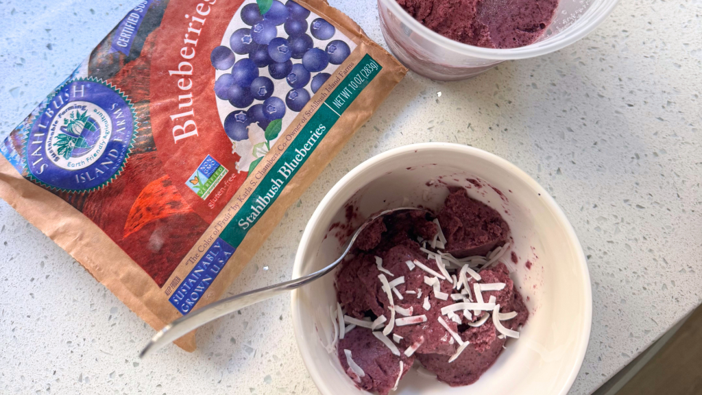 a bowl of blueberry banana nice cream with a bag of Stahlbush Island Farms frozen blueberries