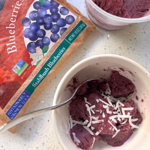 a bowl of blueberry banana nice cream with a bag of Stahlbush Island Farms frozen blueberries