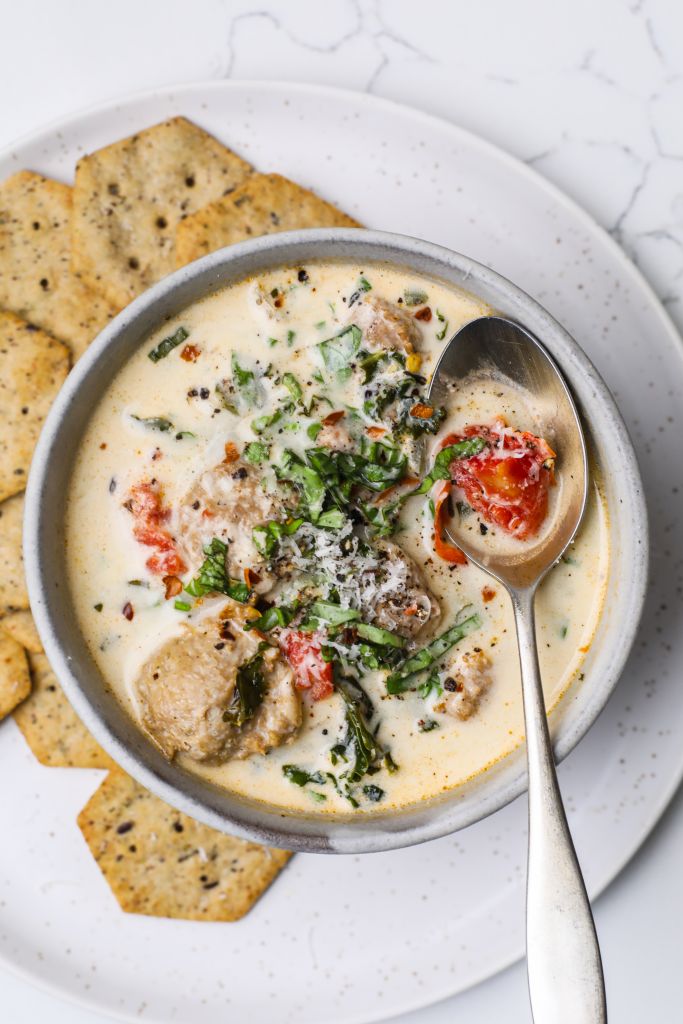 a full bowl of turkey meatball soup