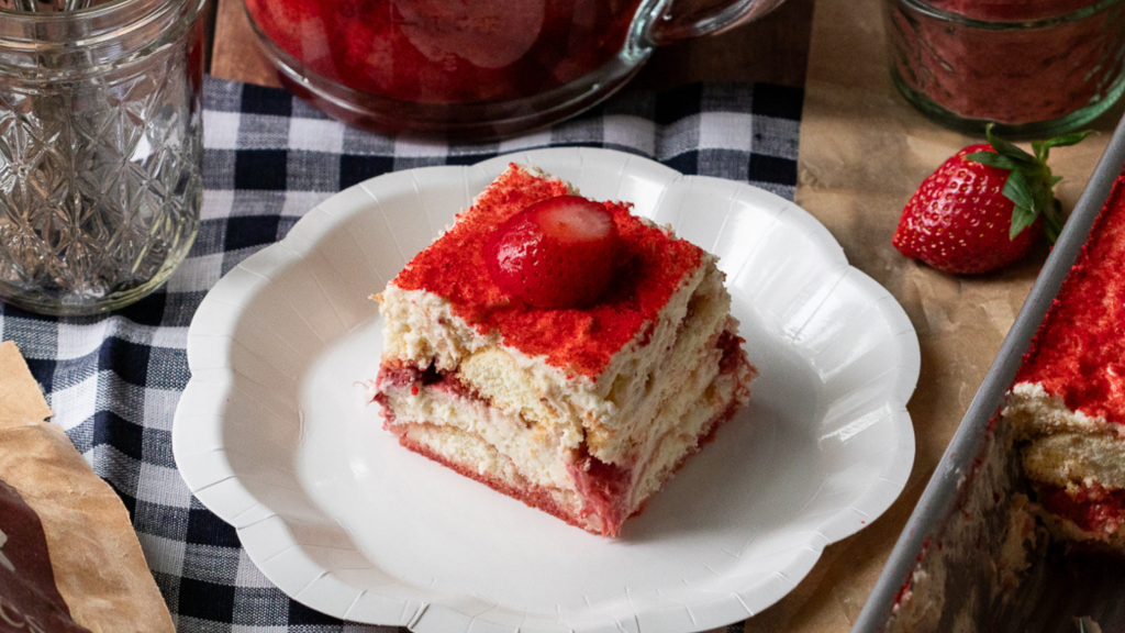 a slice of gluten free strawberry tiramisu