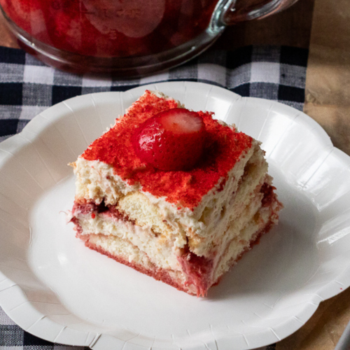 a slice of gluten free strawberry tiramisu