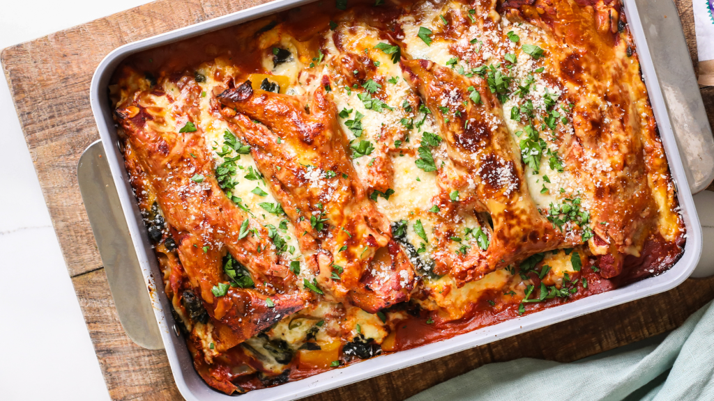 a pan of butternut and spinach lasagna