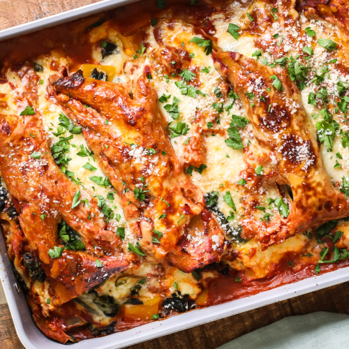a pan of butternut and spinach lasagna