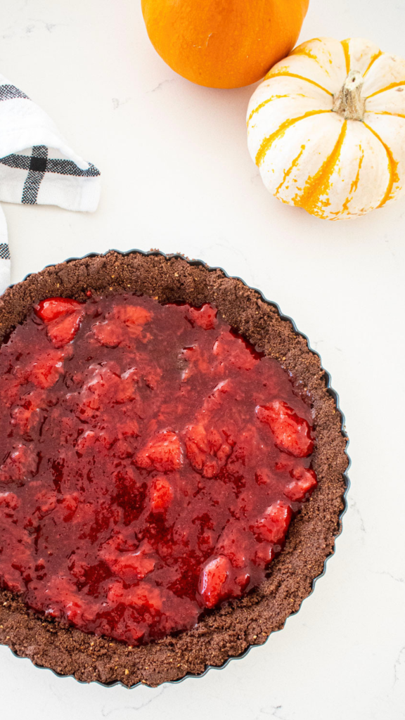 the strawberry compote layer for a chocolate strawberry tart
